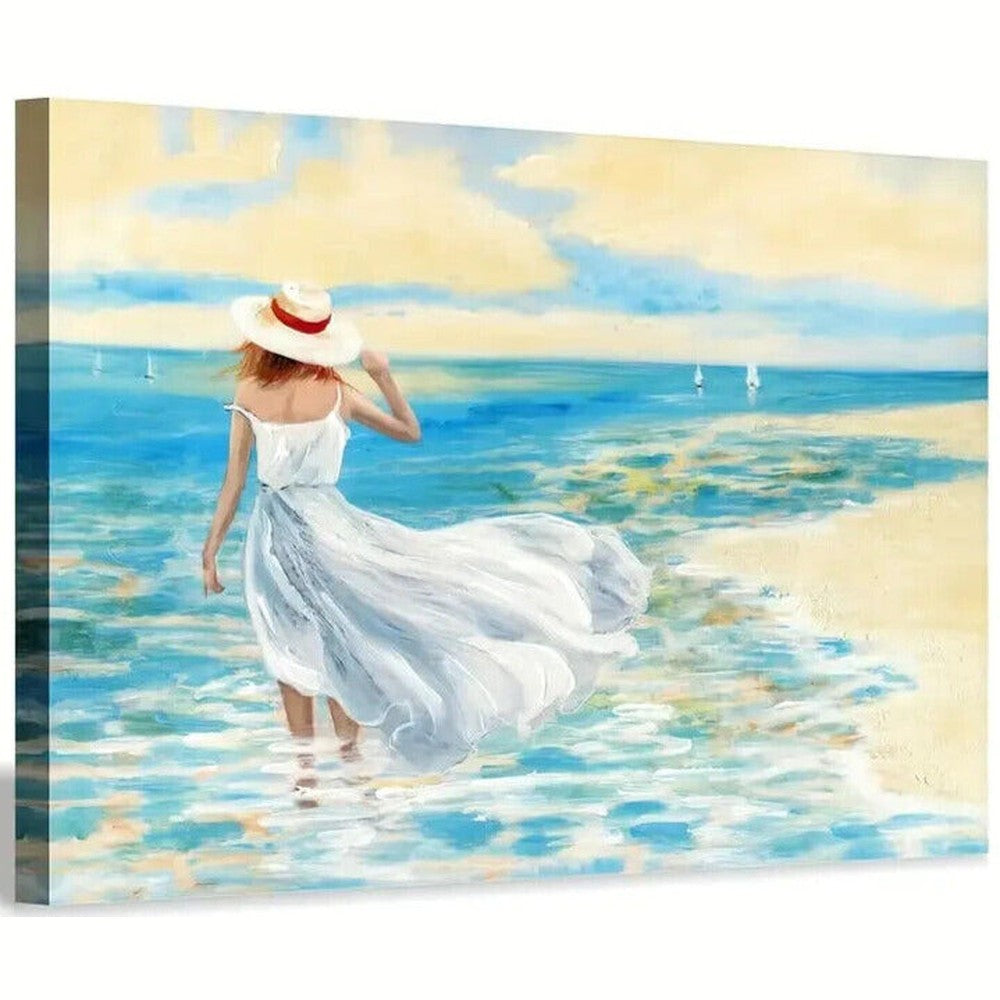 Beautiful Woman Walking By The Ocean Canvas Print Framed 11.8" x 15.7" Wall Art Home & Garden:Home Décor:Posters & Prints Style Your Walls